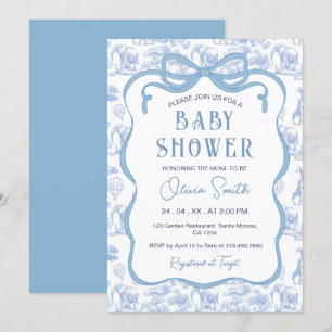 Blue Toile De Jouy Safari Animals Bow Baby Shower Invitation