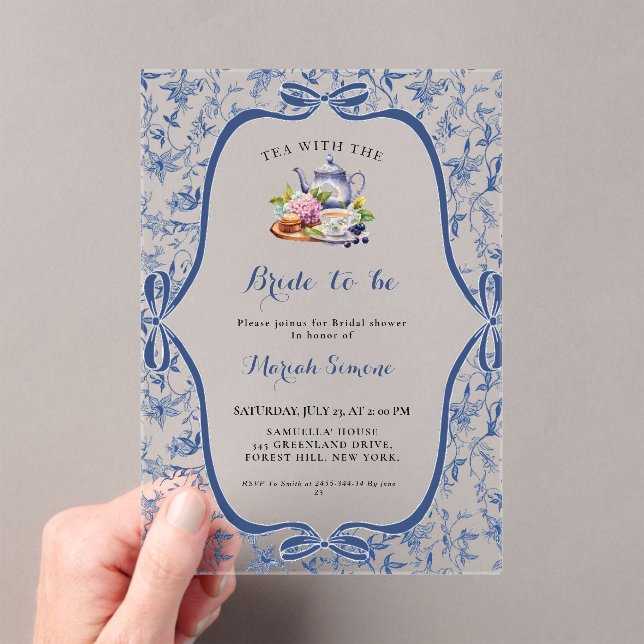 Blue Toile de jouy Tea Party Bridal shower Acrylic Invitations (Insitu (Handheld))