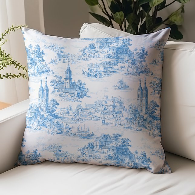 Blue Toile de Jouy Village Landscape Pattern Throw Pillow (Creator Uploaded)