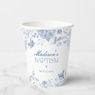 Blue Toile De Jouy Vintage Floral Baptism Paper Cups