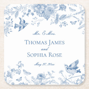 Blue Toile De Jouy Vintage Floral Wedding Square Paper Coaster
