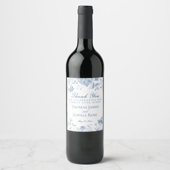 Blue Toile De Jouy Wedding Party Favours Wine Label (Front)