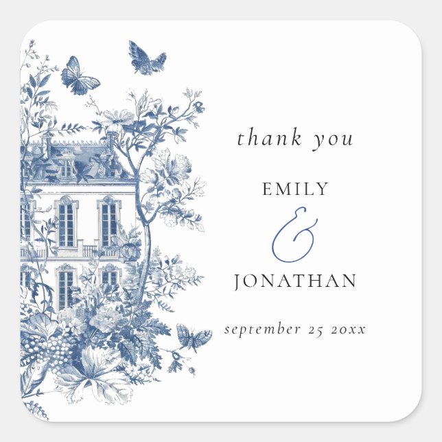 Blue Toile De Jouy Wedding Thank You Square Sticker (Front)