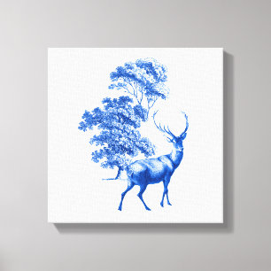 Blue Toile Deer in Forest Canvas Print