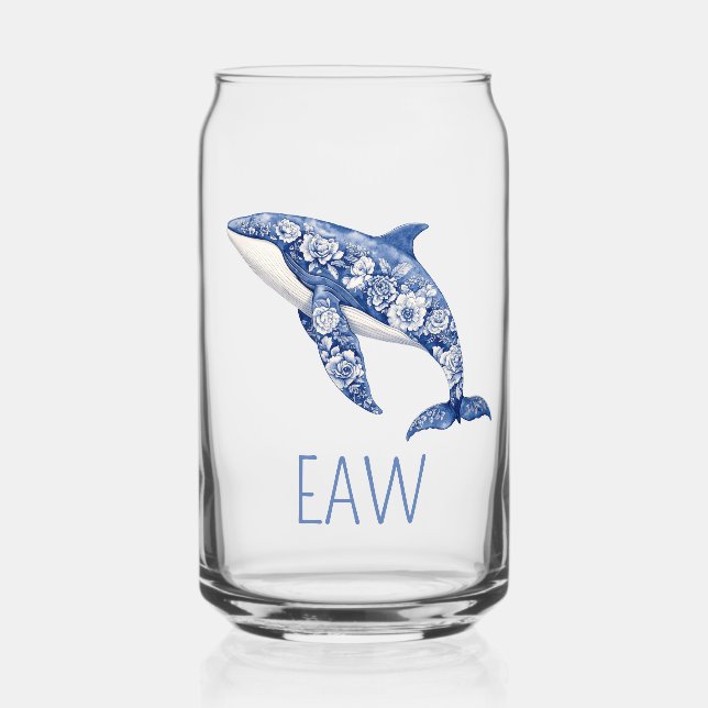 Blue Toile Floral Beach Dolphin Monogram Can Glass (Front)