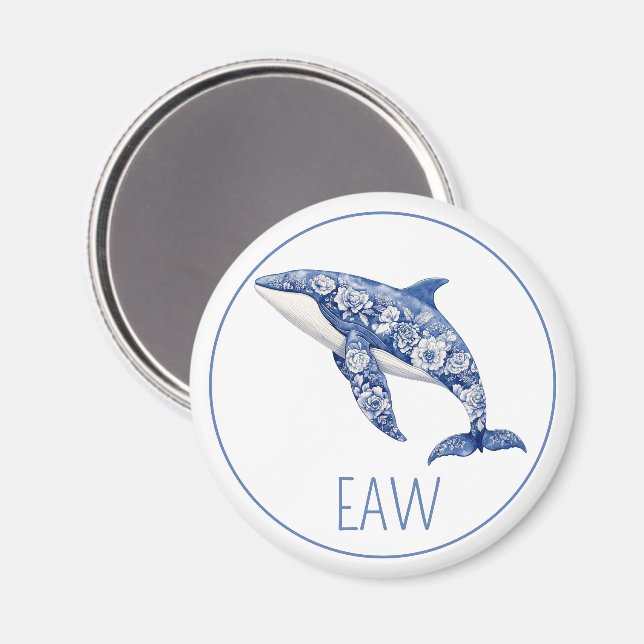 Blue Toile Floral Beach Dolphin Monogram Magnet (Front/Back)