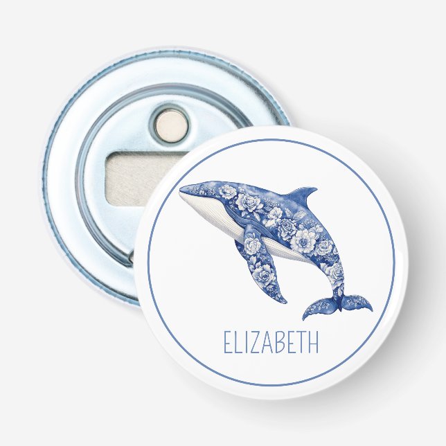 Blue Toile Floral Beach Dolphin Personalized Bottle Opener (Front)