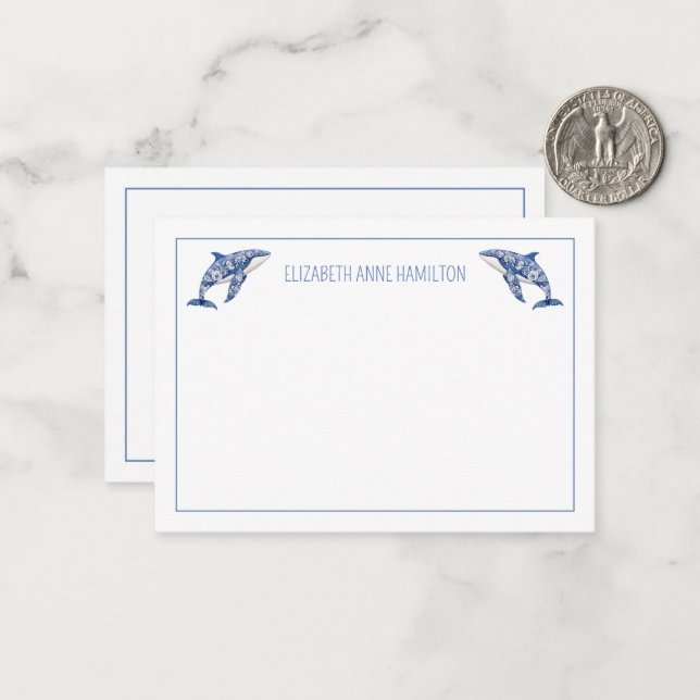 Blue Toile Floral Beach Dolphin Personalized Card (Front/Back In Situ)