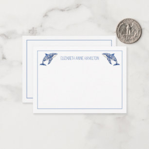 Blue Toile Floral Beach Dolphin Personalized Card