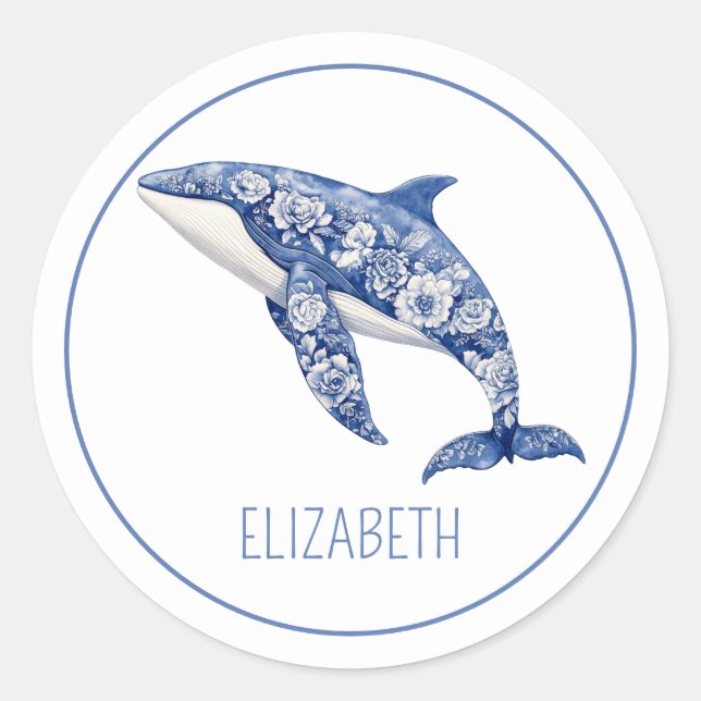 Blue Toile Floral Beach Dolphin Personalized Classic Round Sticker (Front)