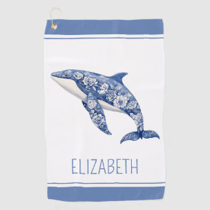 Blue Toile Floral Beach Dolphin Personalized Golf Towel