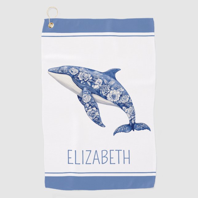 Blue Toile Floral Beach Dolphin Personalized Golf Towel (Front)