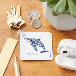 Blue Toile Floral Beach Dolphin Personalized Keychain