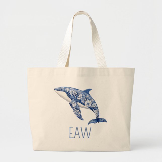 Blue Toile Floral Beach Dolphin Personalized Large Tote Bag (Front)