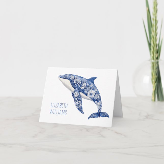 Blue Toile Floral Beach Dolphin Personalized Note Card (Front)