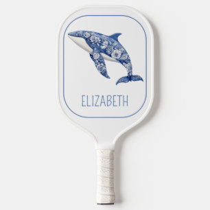 Blue Toile Floral Beach Dolphin Personalized Pickleball Paddle