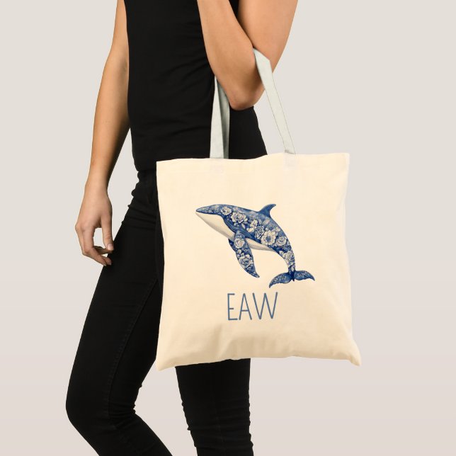 Blue Toile Floral Beach Dolphin Personalized Tote Bag (Front (Product))