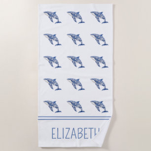 Blue Toile Floral Beach Dolphin Personalized Towel