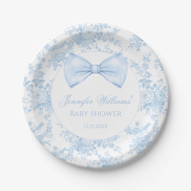 Blue Toile Floral Bow Tie French Baby Boy Shower Paper Plate (Front)