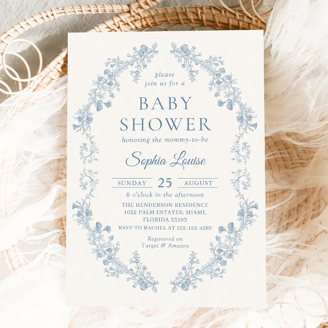 Blue Toile Floral Chinoiserie Baby Shower Invitation (Creator Uploaded)