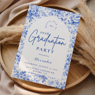 Blue Toile Floral Graduation Party Invitation