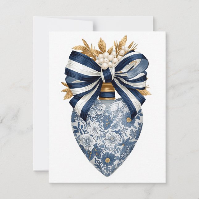 Blue Toile Floral Heart Navy Stripe Bow Holiday Card (Front)