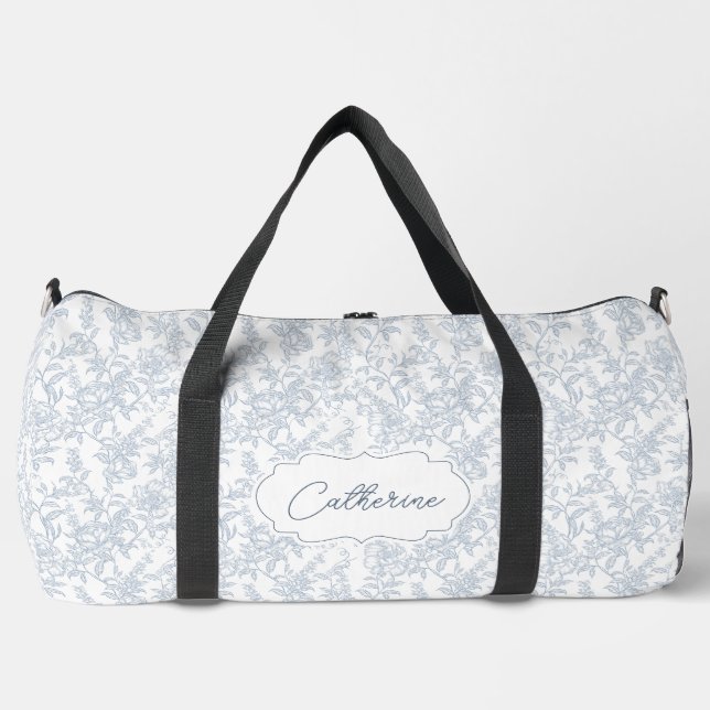 Blue Toile Floral Lace Personalized Duffle Bag (Front)