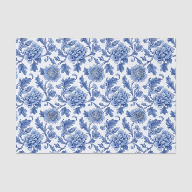 Blue Toile Floral Pattern Tissue Paper (Front)