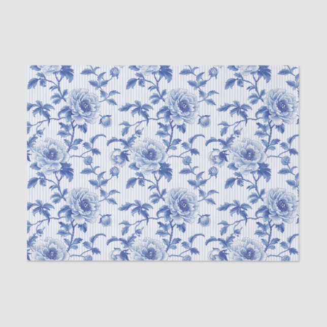 Blue Toile Floral Pattern with Stripes Pattern Tissue Paper (Front)