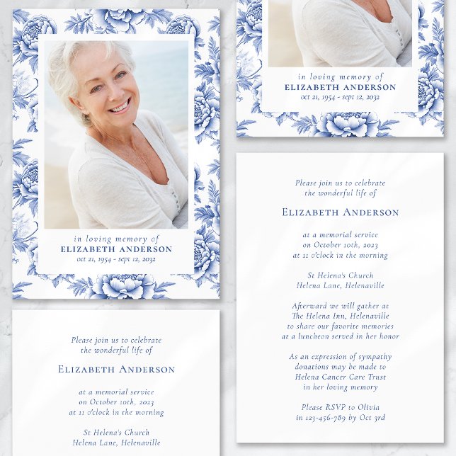 Blue Toile Floral Photo Funeral  Invitation (Creator Uploaded)