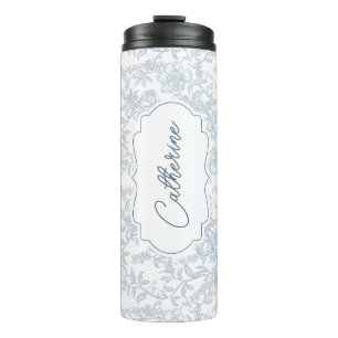 Blue Toile Floral with Script Personalization Thermal Tumbler