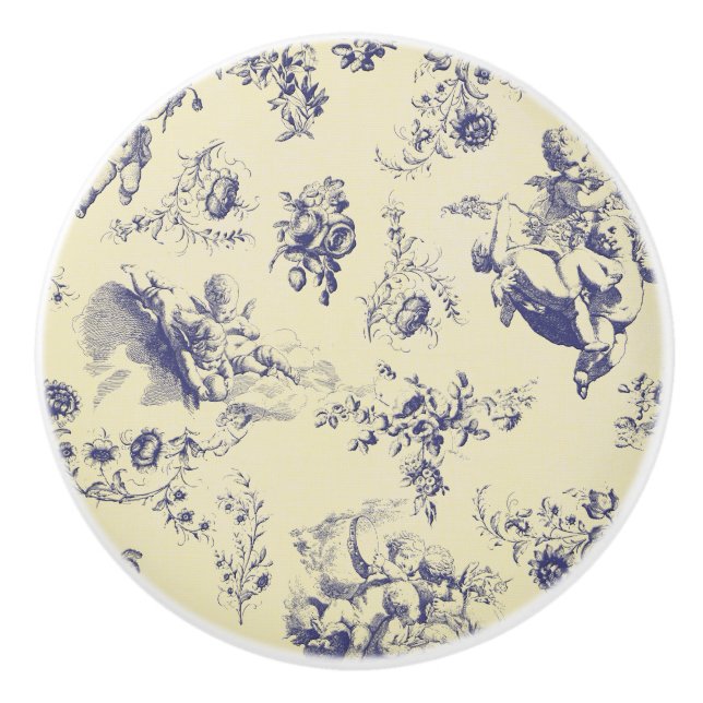 Blue Toile French Country Cherub Pattern Ceramic Knob (Front)