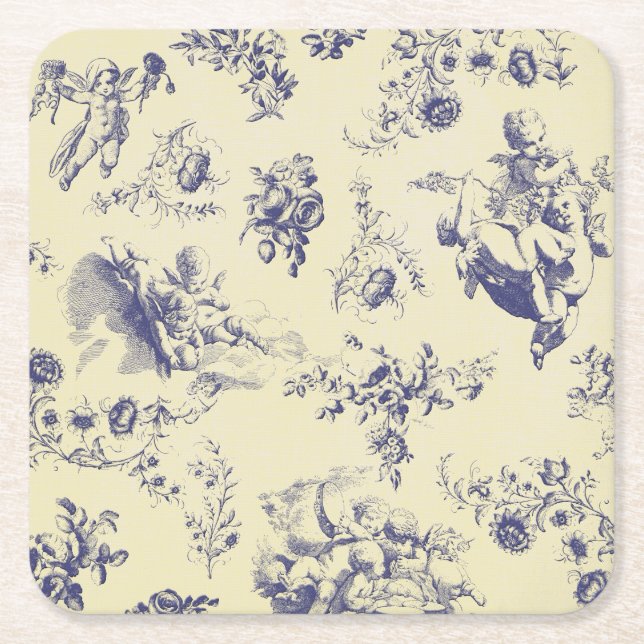 Blue Toile French Country Cherub Pattern Square Paper Coaster (Front)
