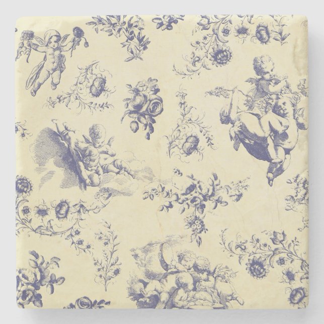 Blue Toile French Country Cherub Pattern Stone Coaster (Front)