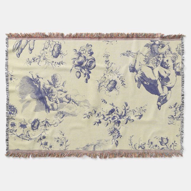 Blue Toile French Country Cherub Pattern Throw Blanket (Front)