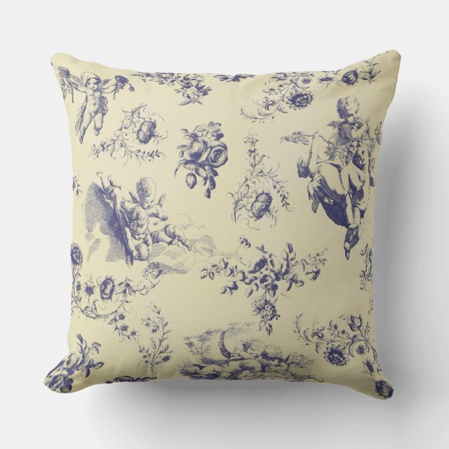 Blue Toile French Country Cherub Pattern Throw Pillow (Front)