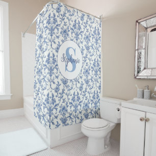 Blue Toile French Monogram Name Floral Pattern