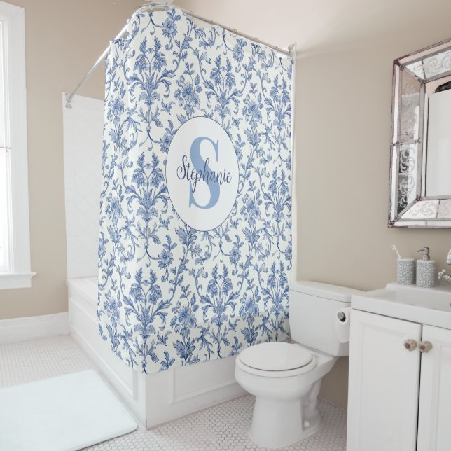 Blue Toile French Monogram Name Floral Pattern (In Situ)
