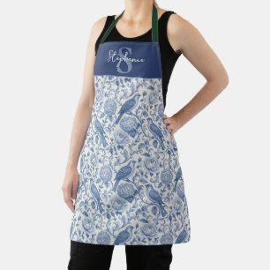 Blue Toile French Monogram Name Floral Pattern Apron