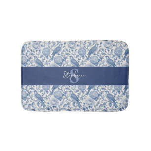 Blue Toile French Monogram Name Floral Pattern Bath Mat