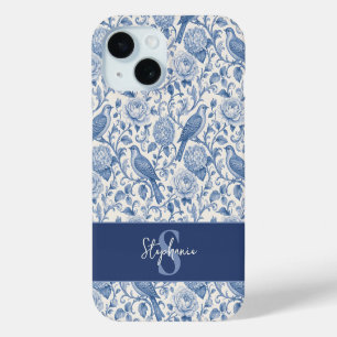 Blue Toile French Monogram Name Floral Pattern iPhone 15 Case