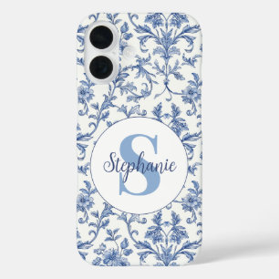 Blue Toile French Monogram Name Floral Pattern iPhone 16 Case