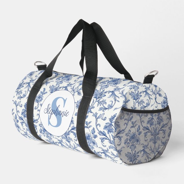 Blue Toile French Monogram Name Floral Pattern Duffle Bag (Right Corner)