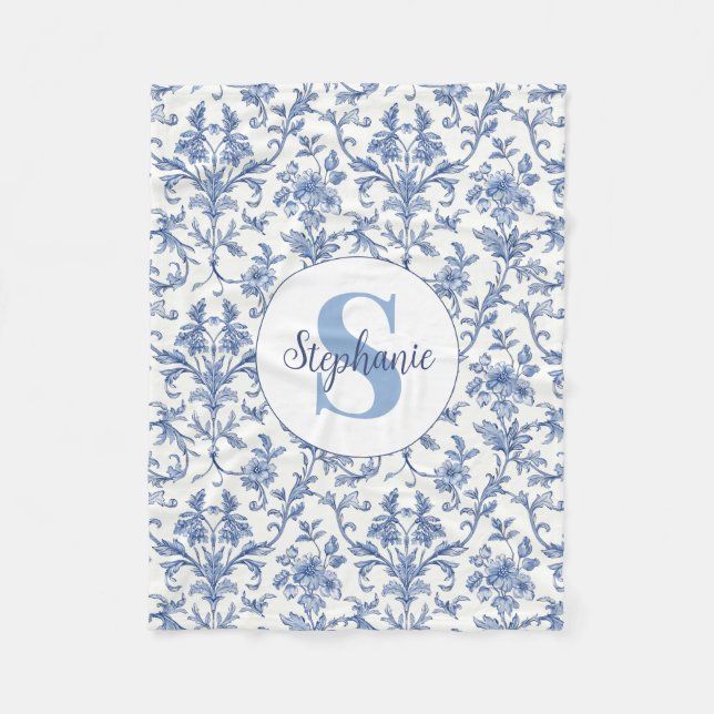 Blue Toile French Monogram Name Floral Pattern Fleece Blanket (Front)