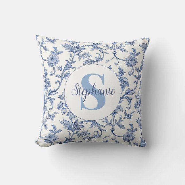 Blue Toile French Monogram Name Floral Pattern Throw Pillow (Front)