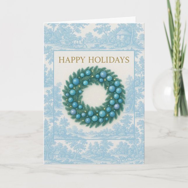 Blue Toile Holiday Card with Winter Wreath (Front)