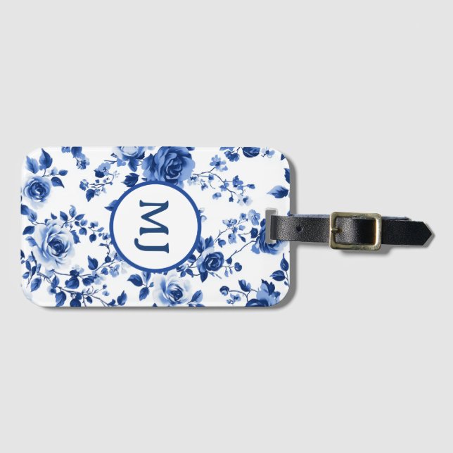 Blue Toile Initial Luggage Tag (Front Horizontal)