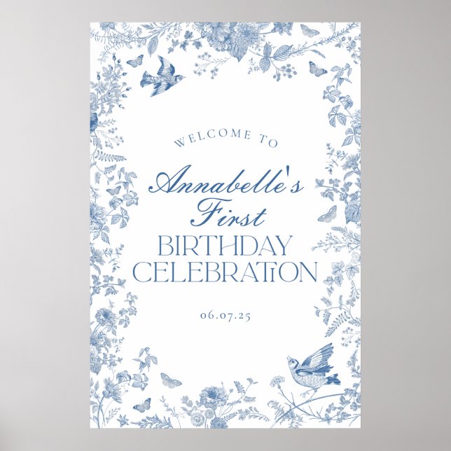 Blue Toile Jouy Floral Anniversaire Affiche de bie (Devant)