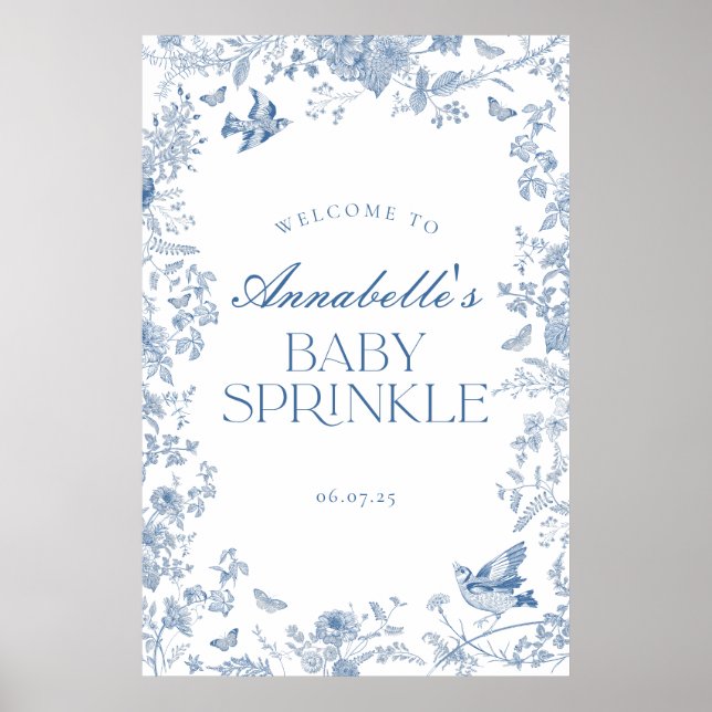 Blue Toile Jouy Floral Baby Sprinkle Welcome Sign (Front)
