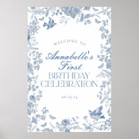 Blue Toile Jouy Floral Birthday Party Welcome Sign